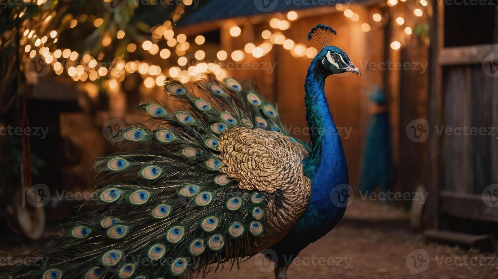 A peacock displays its vibrant feathers against a softly lit background. photo