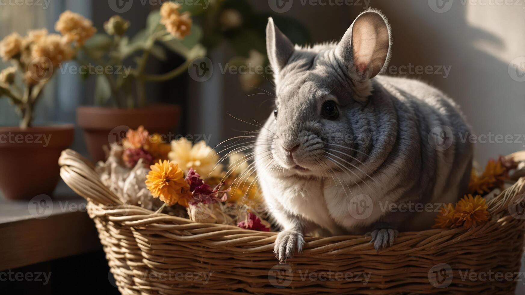 A chinchilla resting in a basket filled with dried flowers, illuminated by soft sunlight. photo