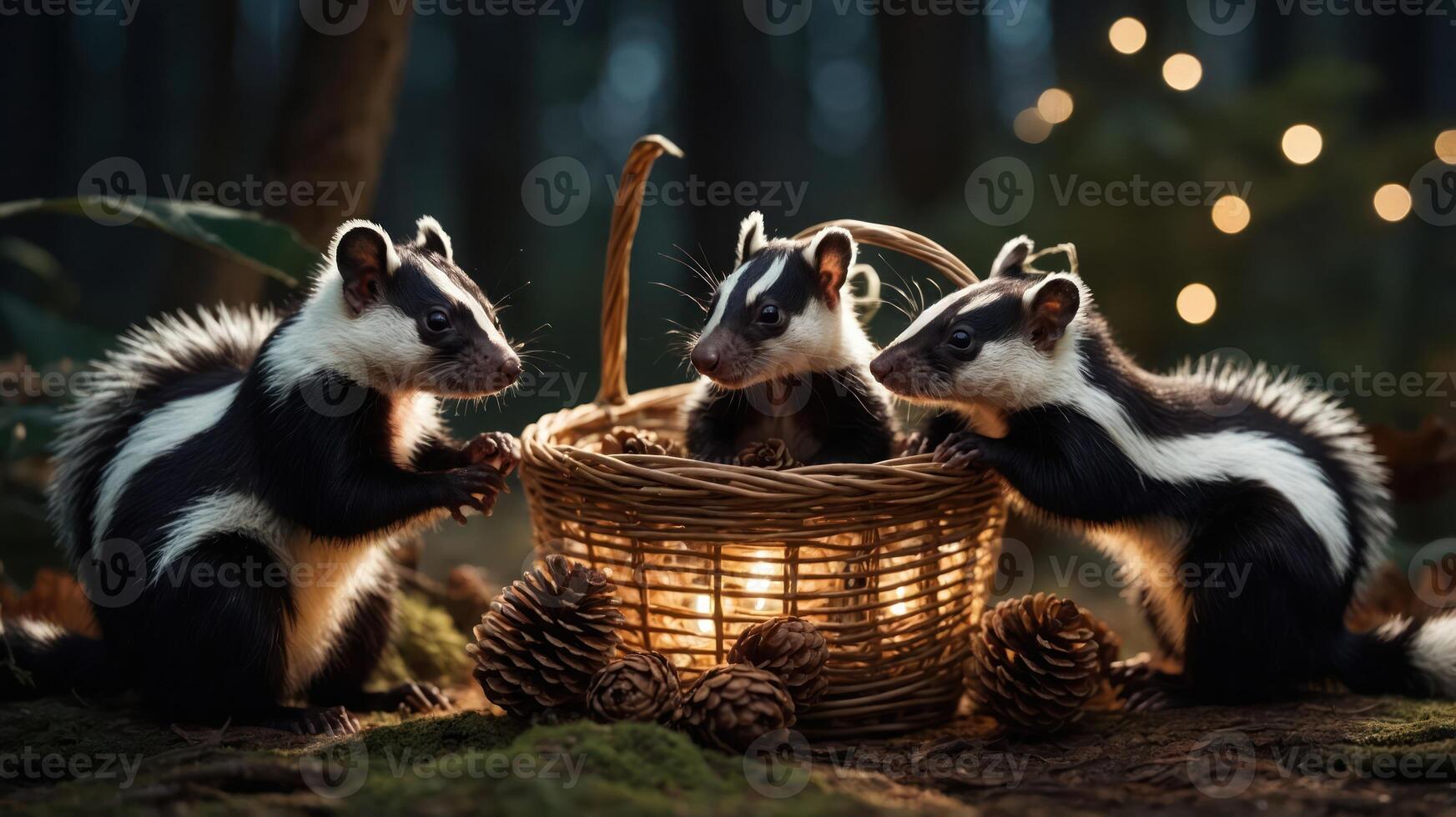 Three skunks gathered around a basket in a forest, illuminated by soft light. photo
