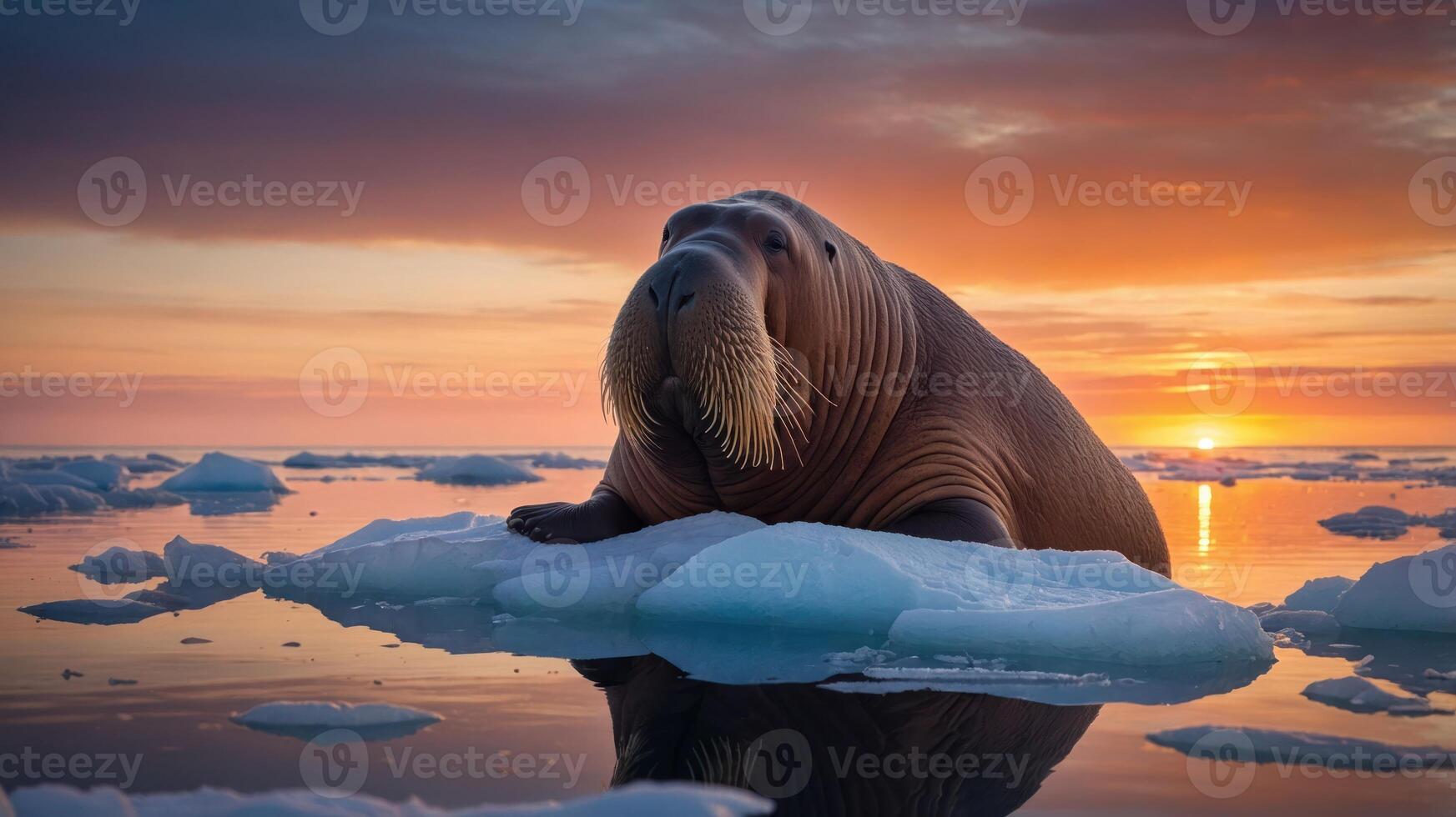 A walrus resting on an ice floe at sunset, showcasing the beauty of Arctic wildlife. photo