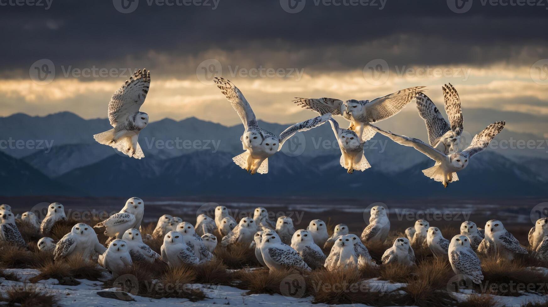 A group of snowy owls gathered in a natural landscape with mountains in the background. photo