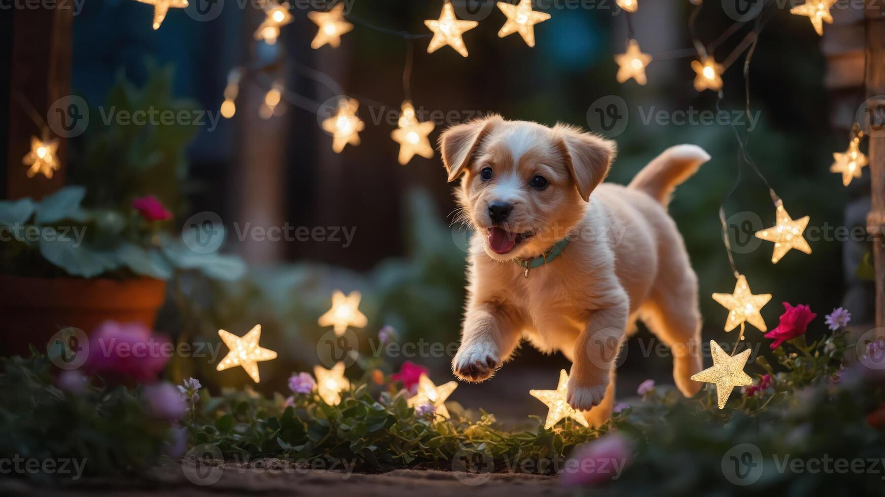 A playful puppy runs through a garden illuminated by star-shaped lights. photo