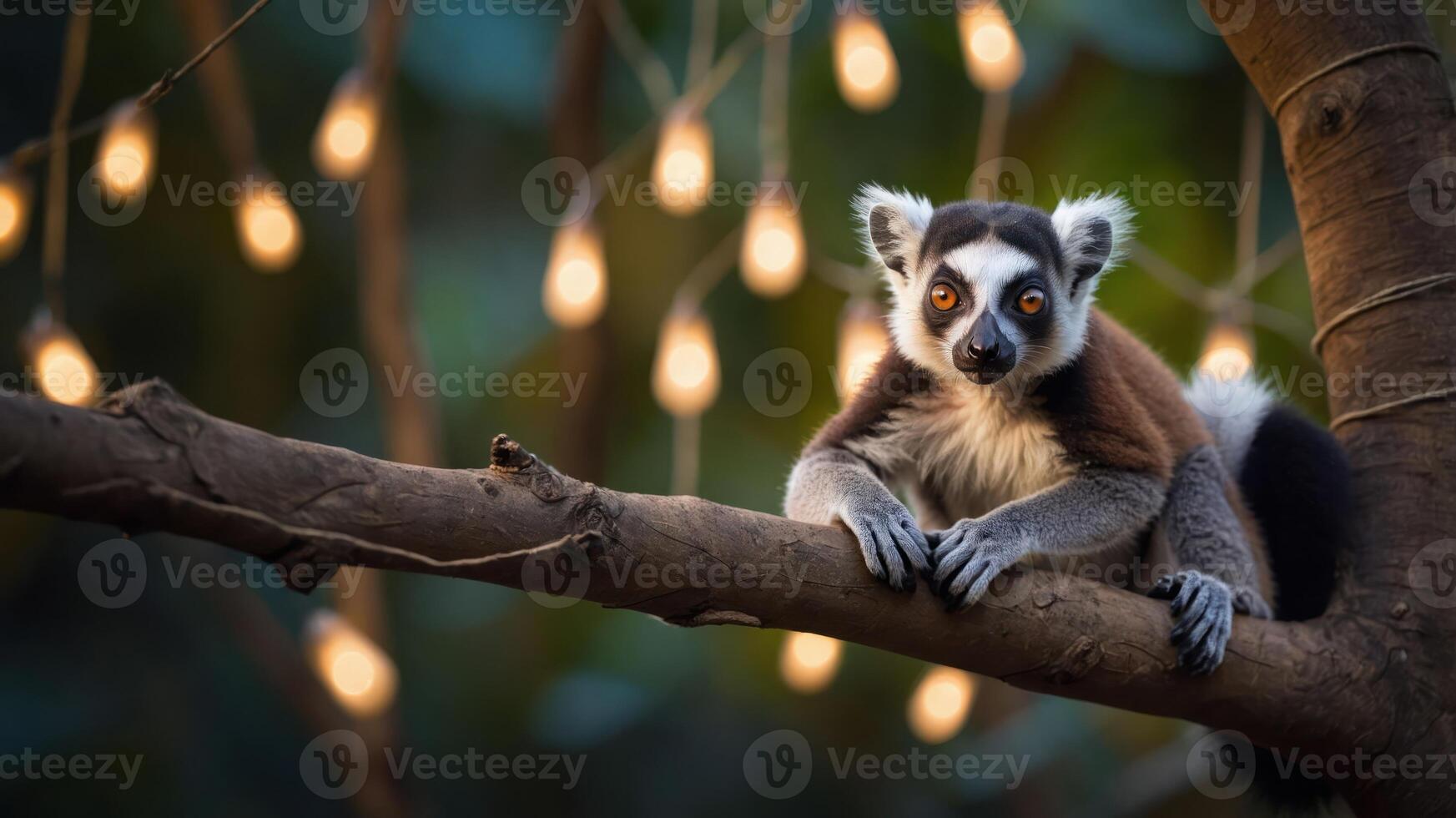 A lemur resting on a branch surrounded by warm fairy lights in a serene setting. photo