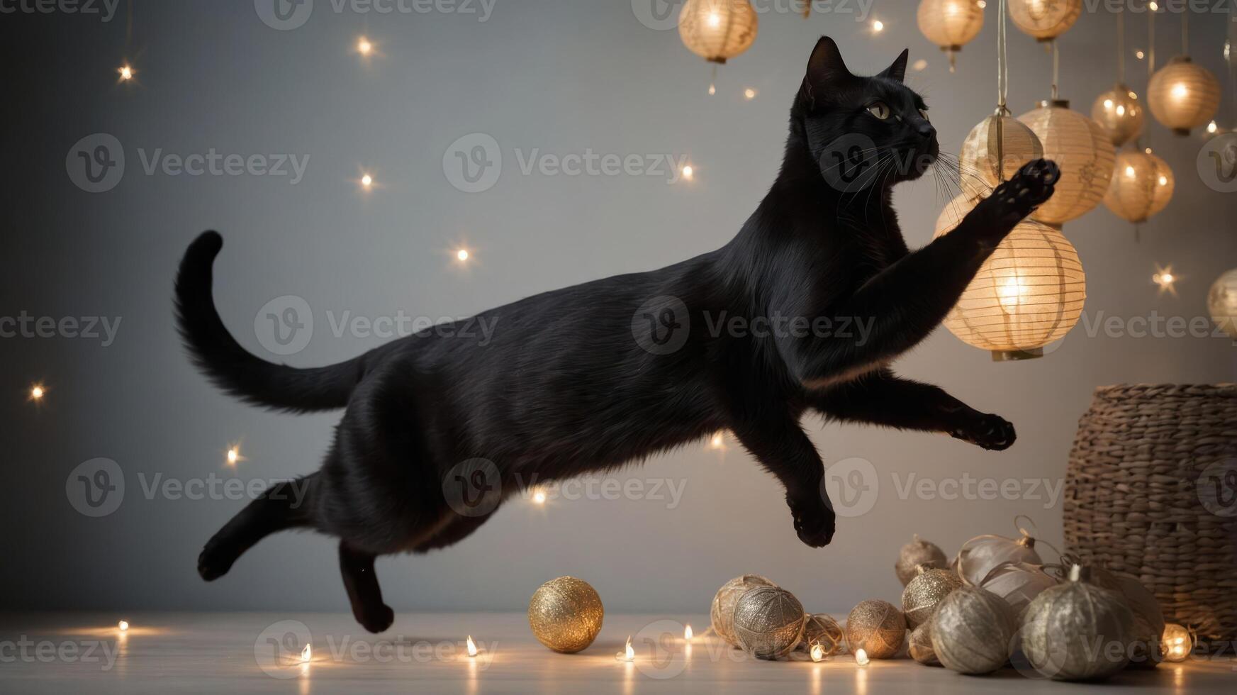 A black cat leaps gracefully among decorative lanterns and festive ornaments. photo