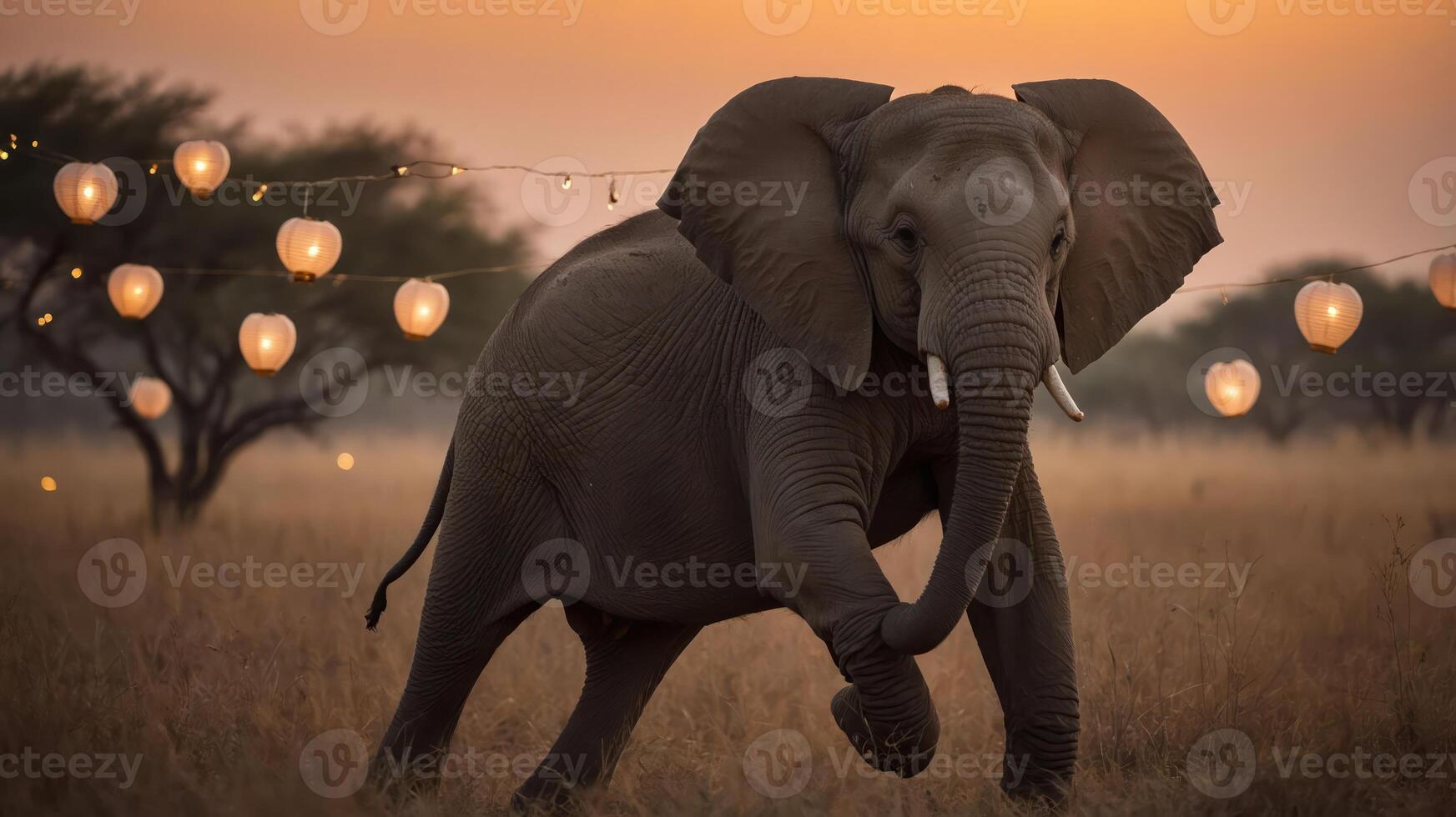 A playful elephant runs through a serene landscape adorned with glowing lanterns at sunset. photo