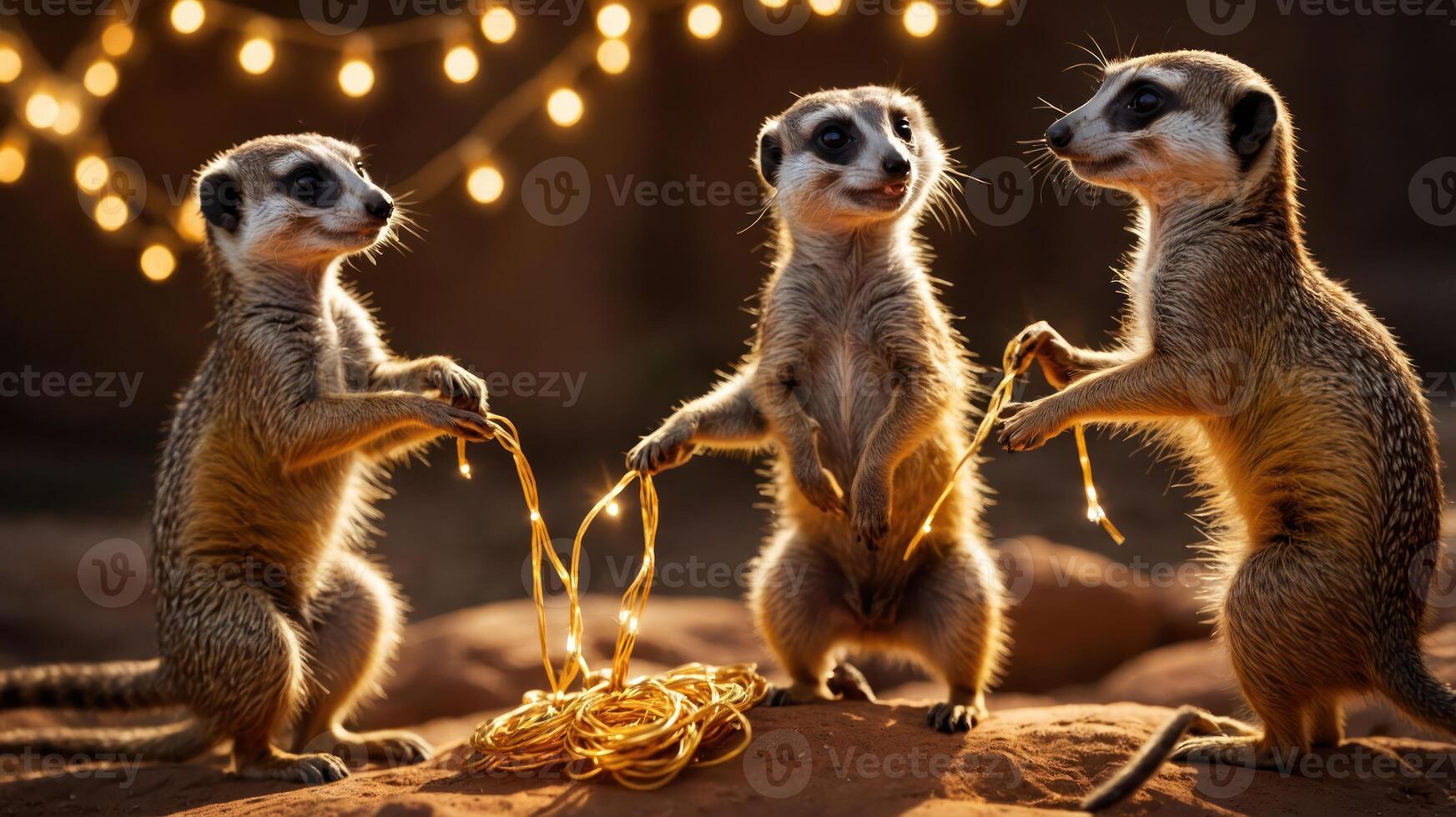 Three meerkats play with golden string under warm lights, creating a whimsical scene. photo