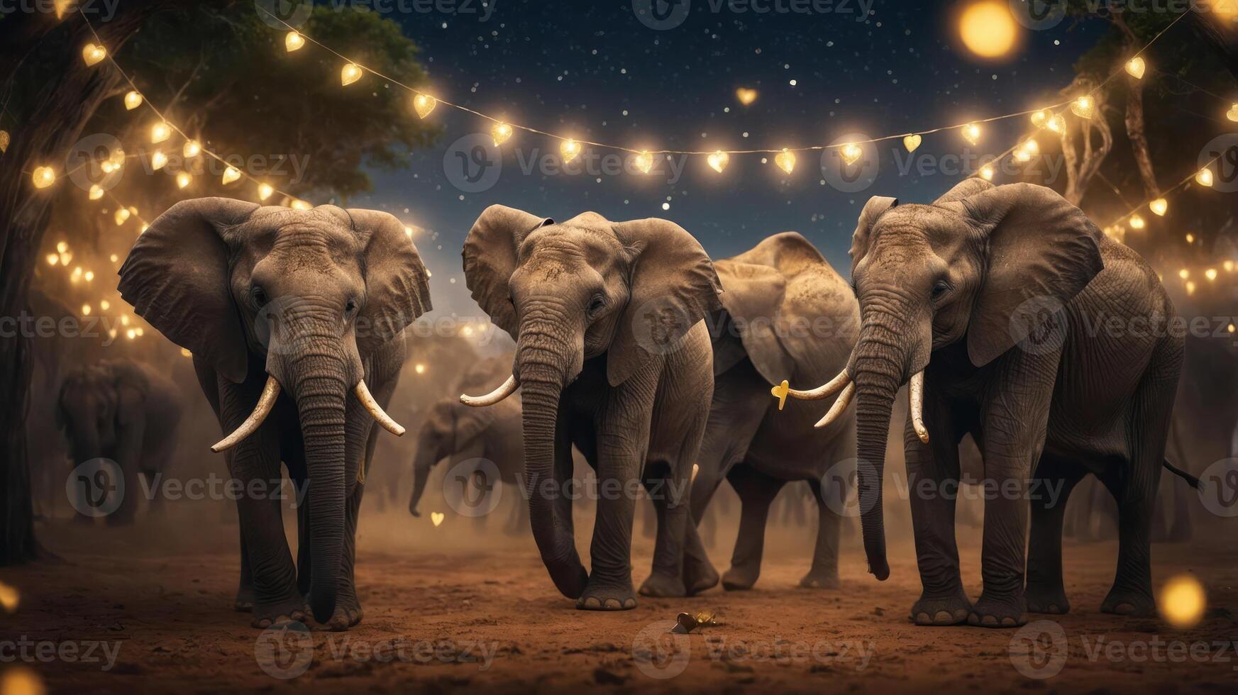 Elephants gathered under string lights in a serene night setting. photo