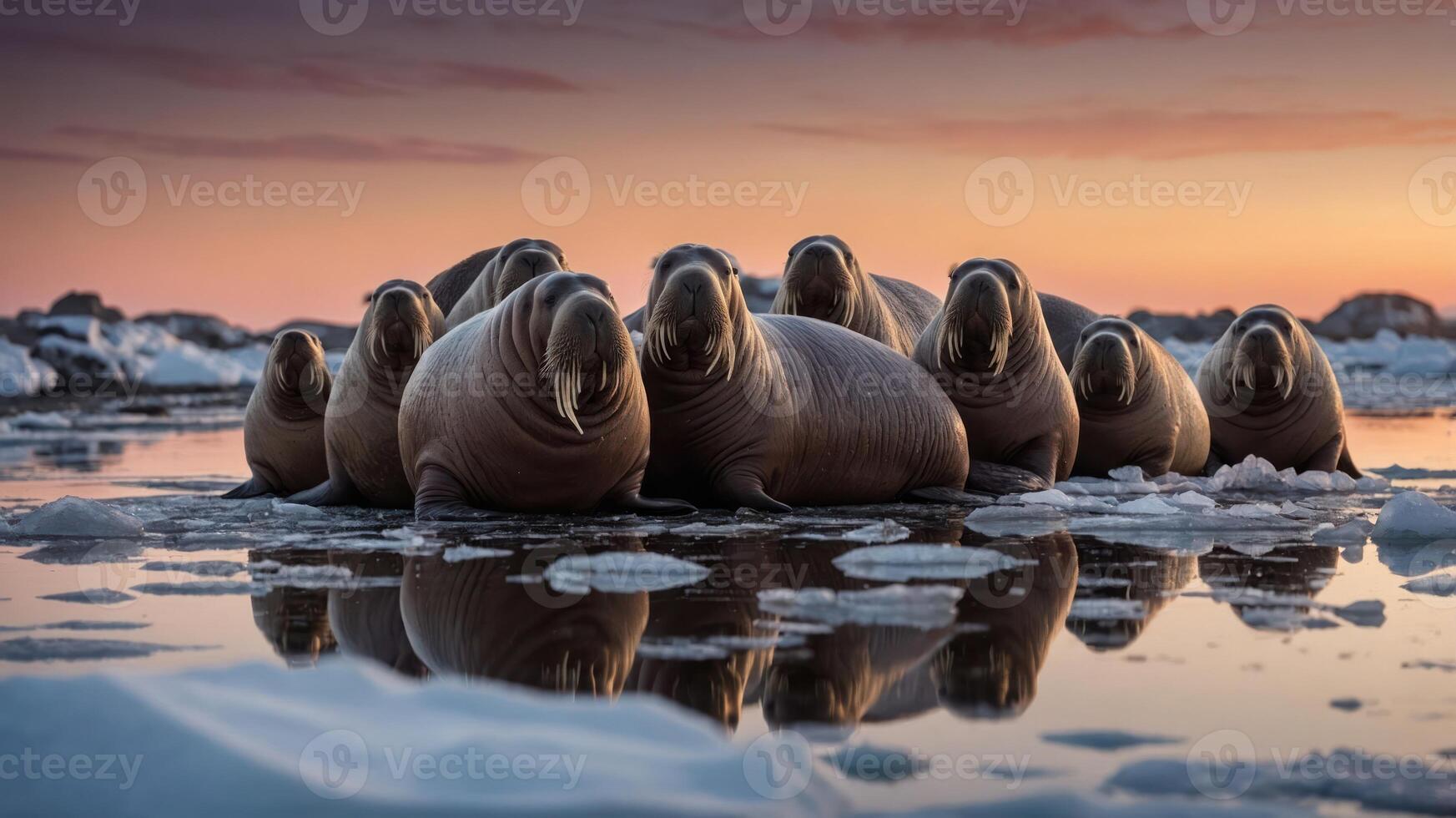 A group of walruses resting on ice in a serene, reflective setting during sunset. photo