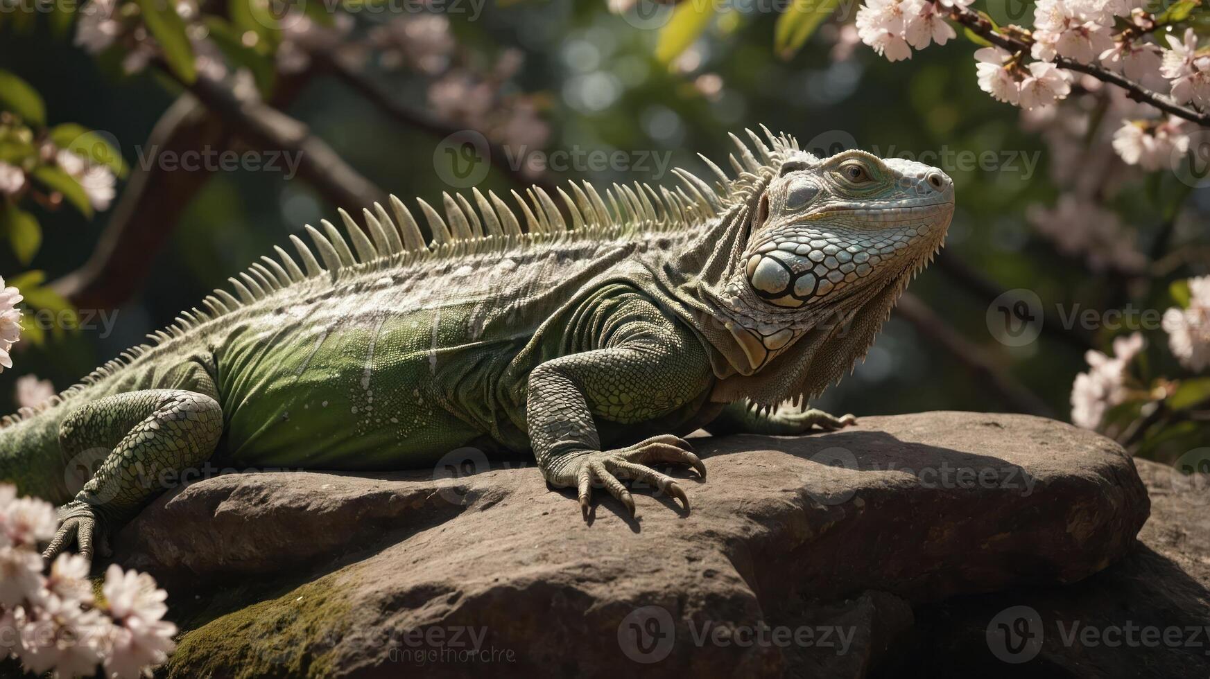 A green iguana resting on a rock surrounded by cherry blossoms in a serene environment. photo