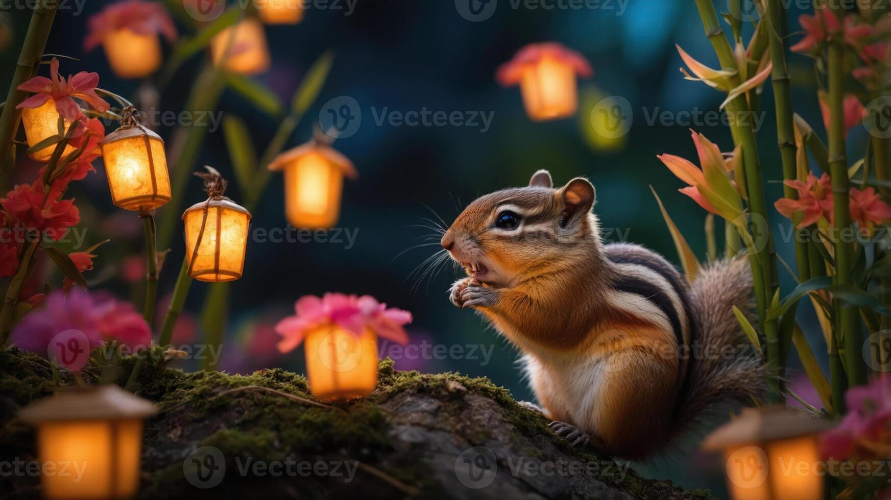 A chipmunk amidst glowing lanterns and flowers in a serene, enchanting forest setting. photo