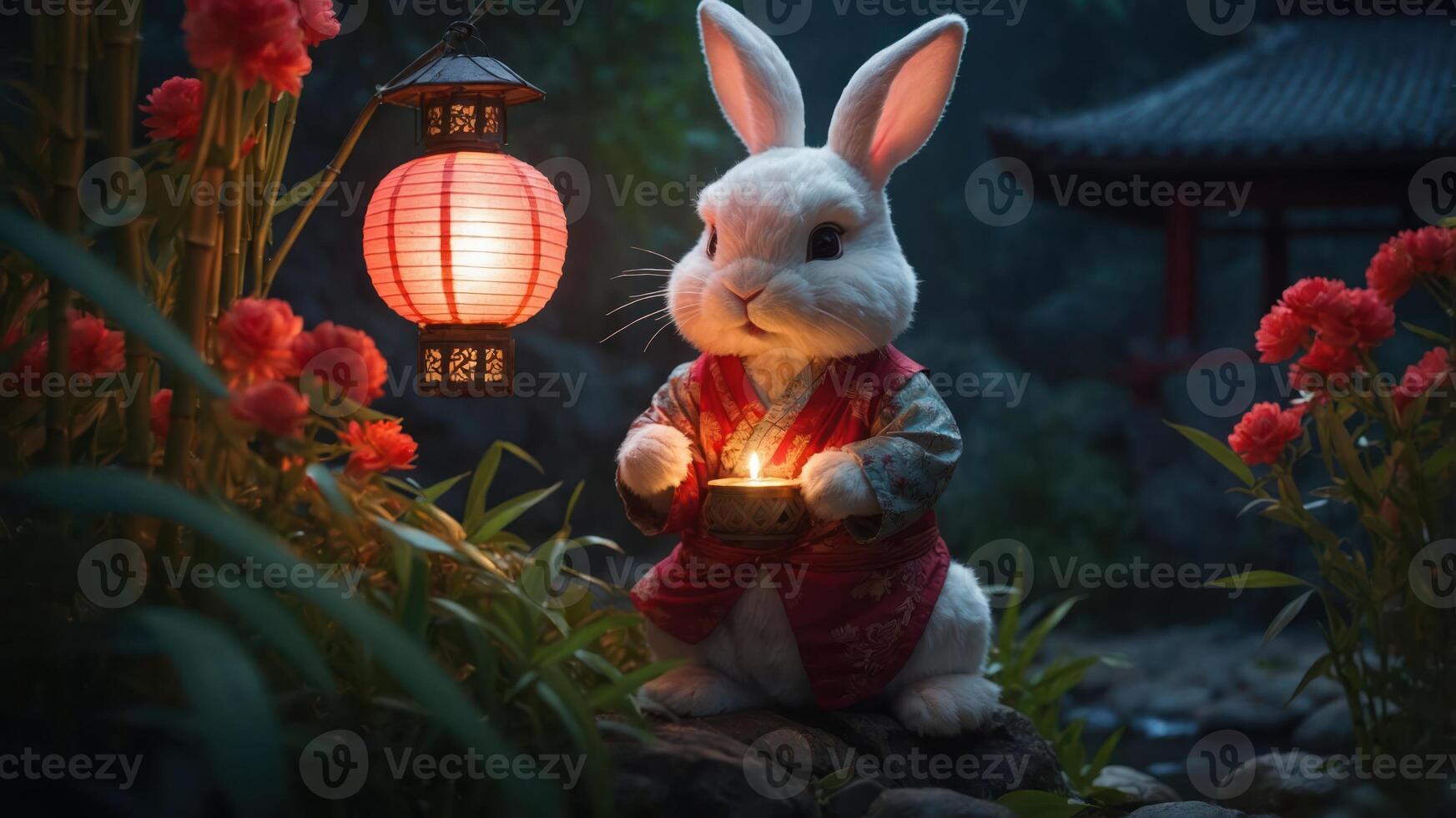 A whimsical rabbit in a traditional outfit holds a lantern in a serene, illuminated garden. photo