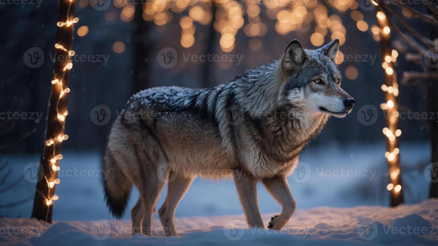 A wolf stands elegantly in a snowy landscape adorned with twinkling lights. photo