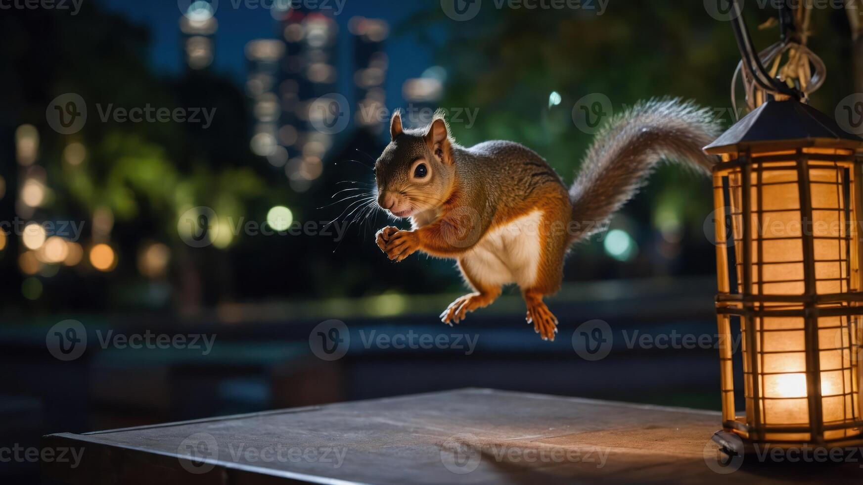 A squirrel leaps near a lantern in a nighttime park setting with city lights in the background. photo