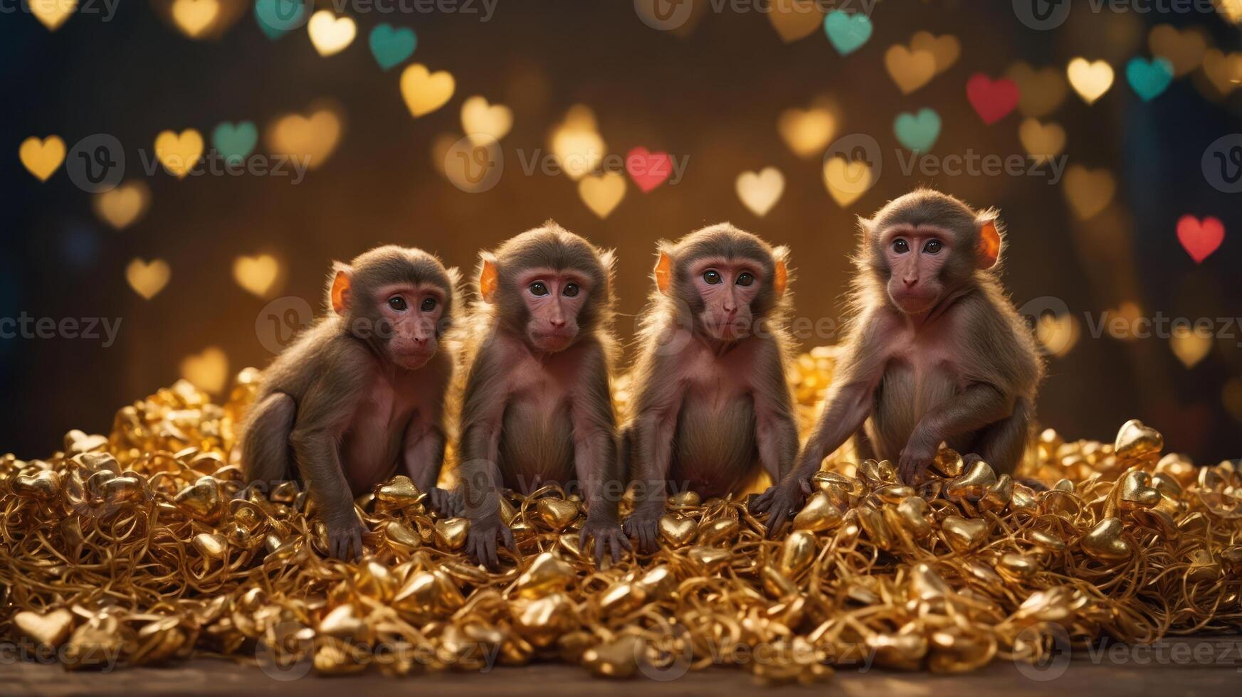 Four monkeys sitting on a pile of golden hearts with a colorful bokeh background. photo