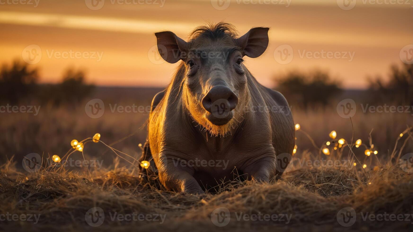 A wild boar resting in a field at sunset, surrounded by soft glowing lights. photo