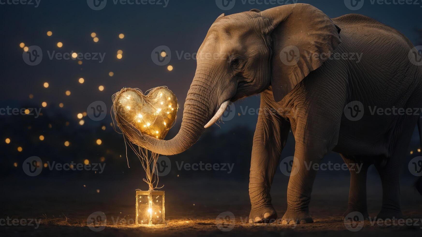 An elephant holds a glowing heart-shaped decoration, symbolizing love and connection. photo