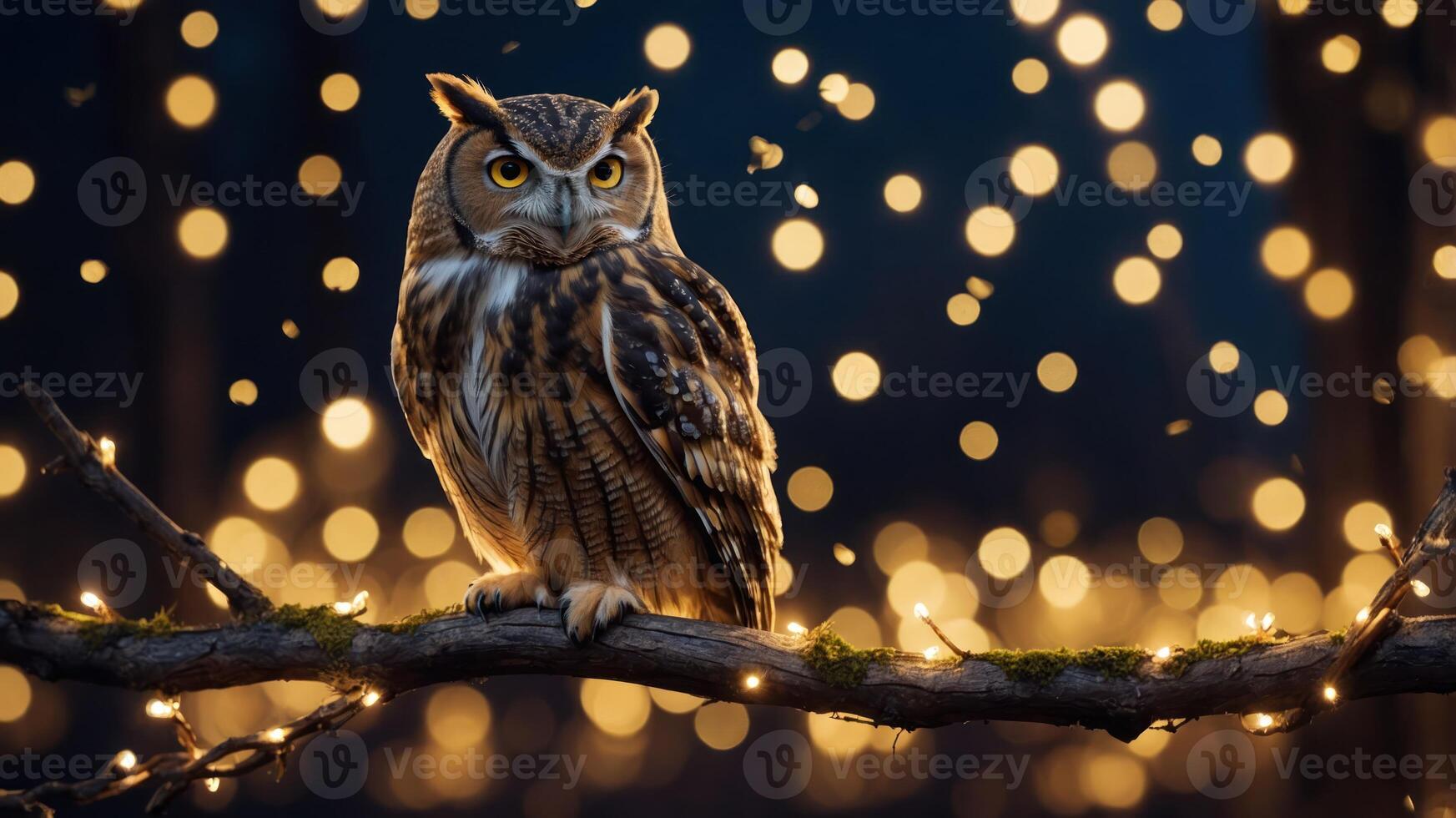 A majestic owl perched on a branch, surrounded by soft, glowing lights in a serene setting. photo