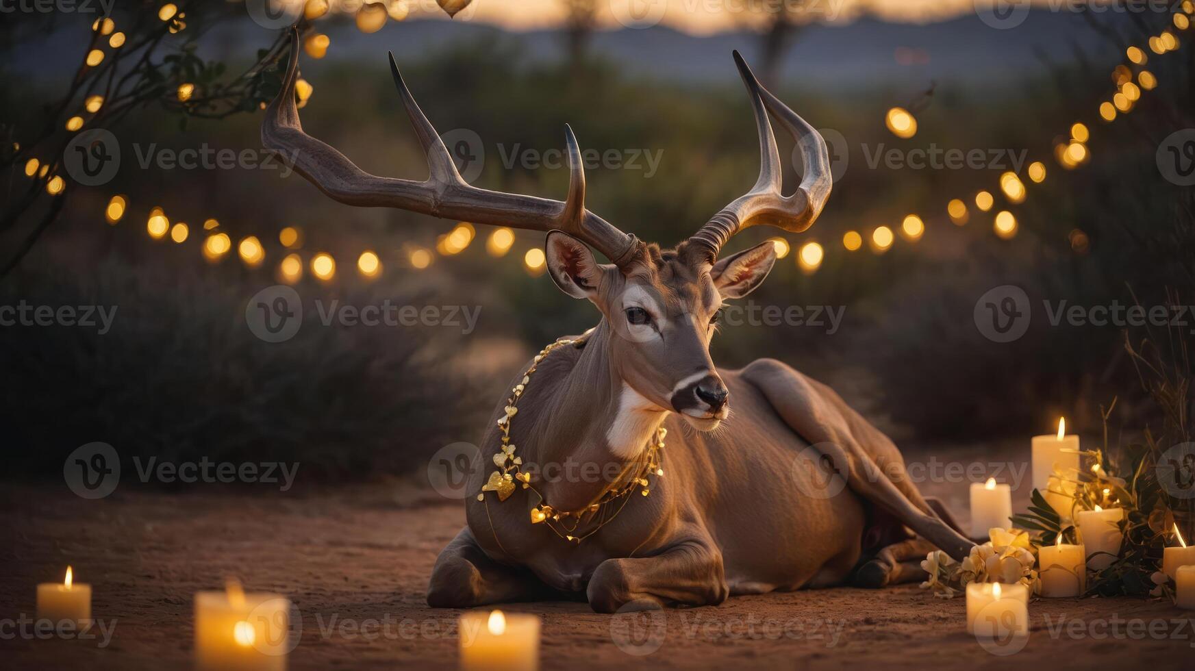 A serene scene featuring a deer adorned with decorations, surrounded by candles and lights. photo