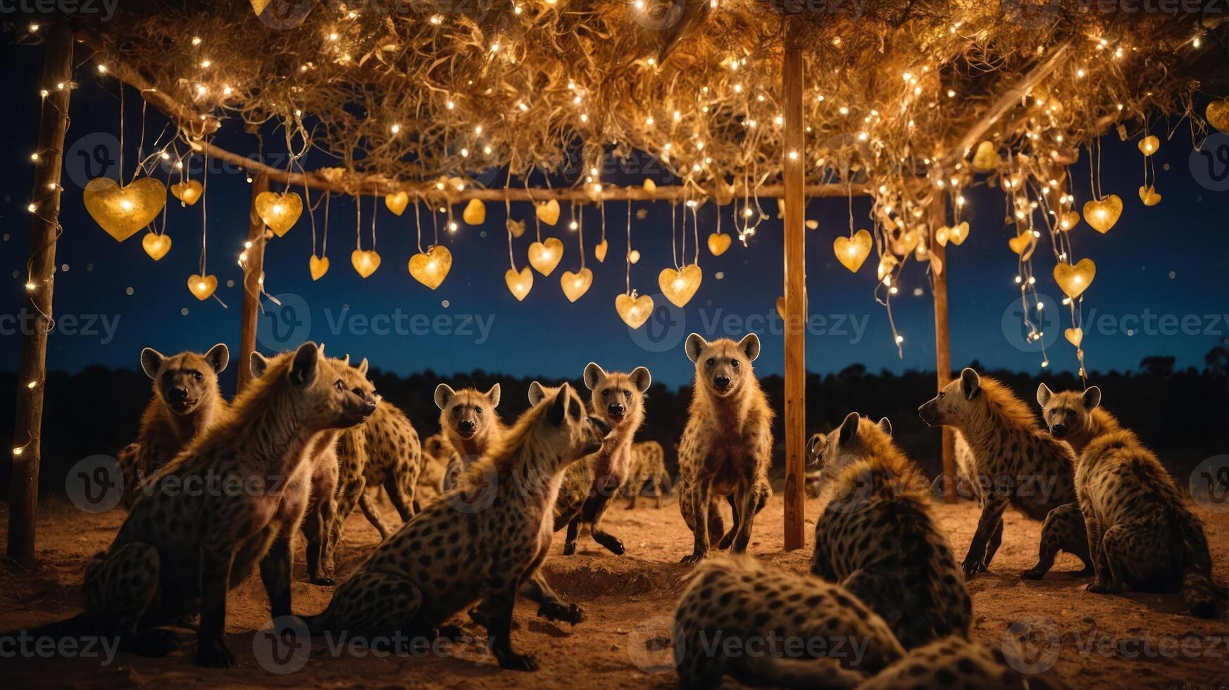 A whimsical scene featuring hyenas under a decorated canopy with heart-shaped lights. photo