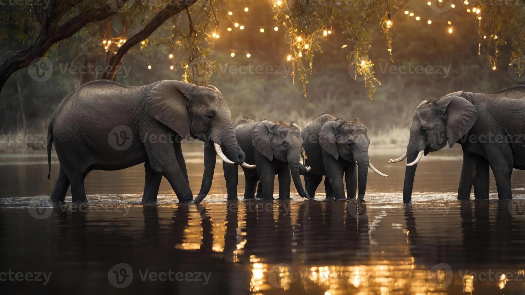 A serene scene of elephants wading through water, illuminated by soft lights in the background. photo