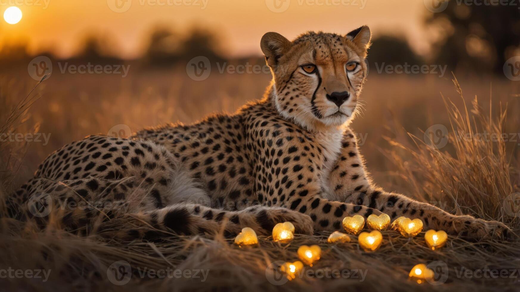 A cheetah rests in a golden landscape, surrounded by glowing heart-shaped lights at sunset. photo