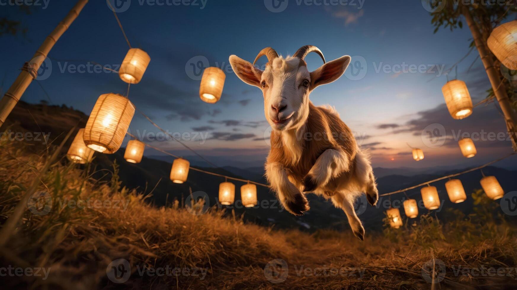 A goat leaps joyfully among glowing lanterns at sunset. photo