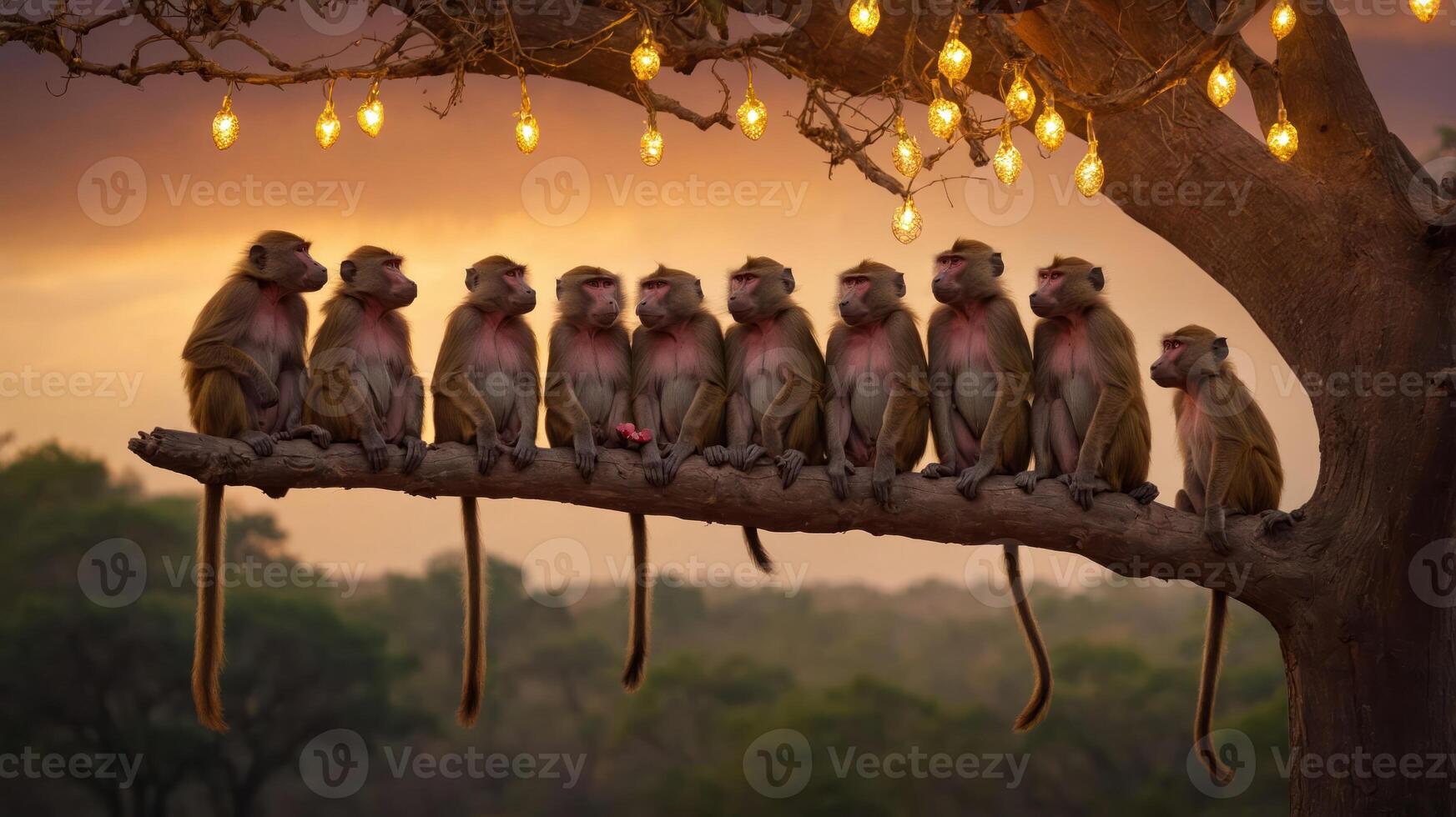 A group of baboons perched on a tree branch adorned with glowing lights at sunset. photo