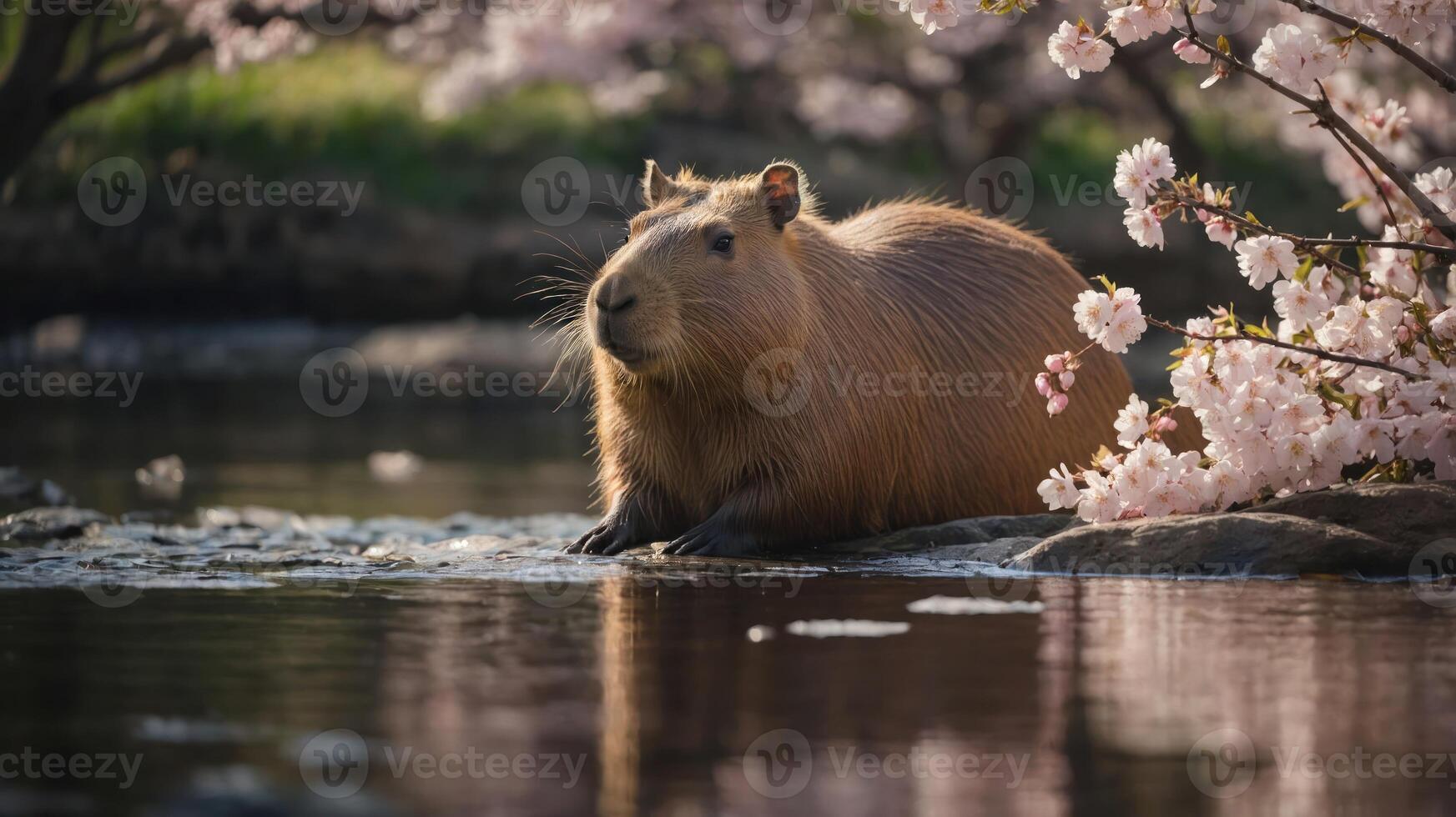 A capybara resting by a serene pond, surrounded by blooming cherry blossom trees. photo