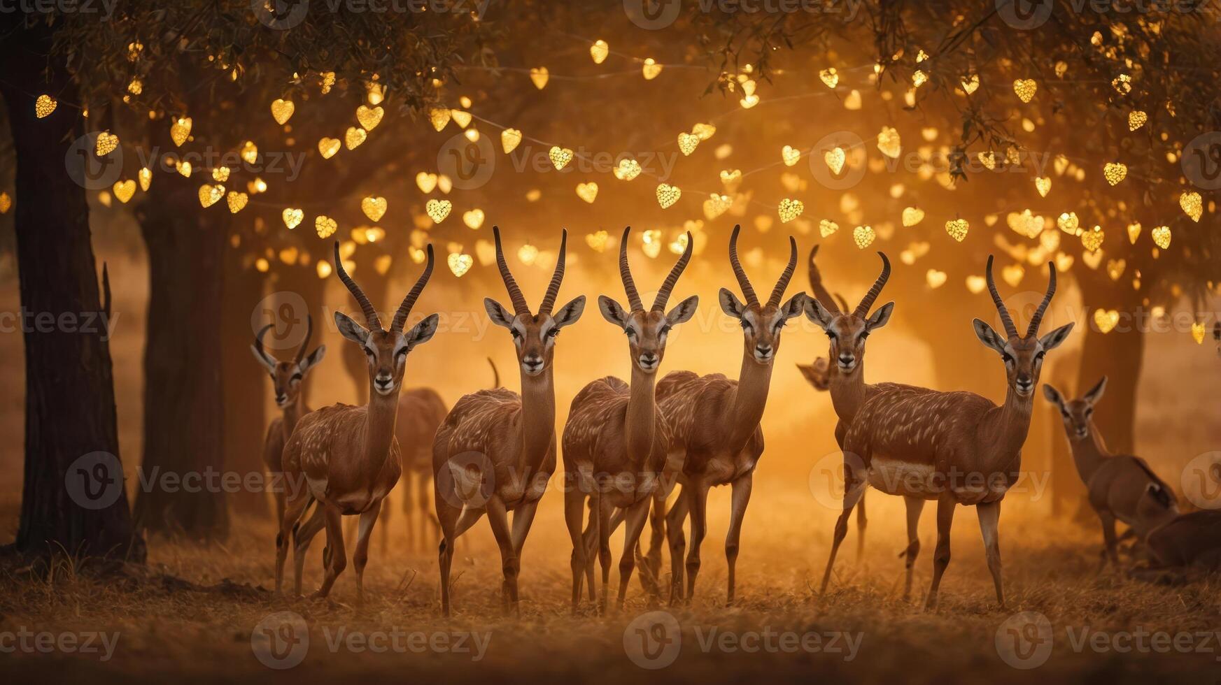 A serene scene of antelopes under heart-shaped lights in a warm, enchanting forest setting. photo