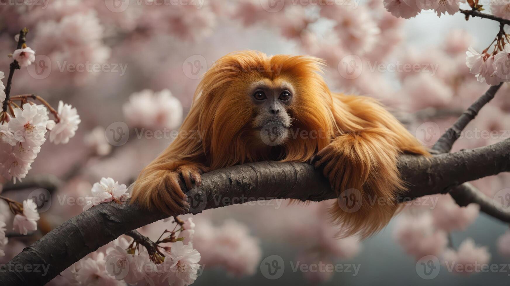 A golden monkey rests on a tree branch amidst blooming cherry blossoms. photo