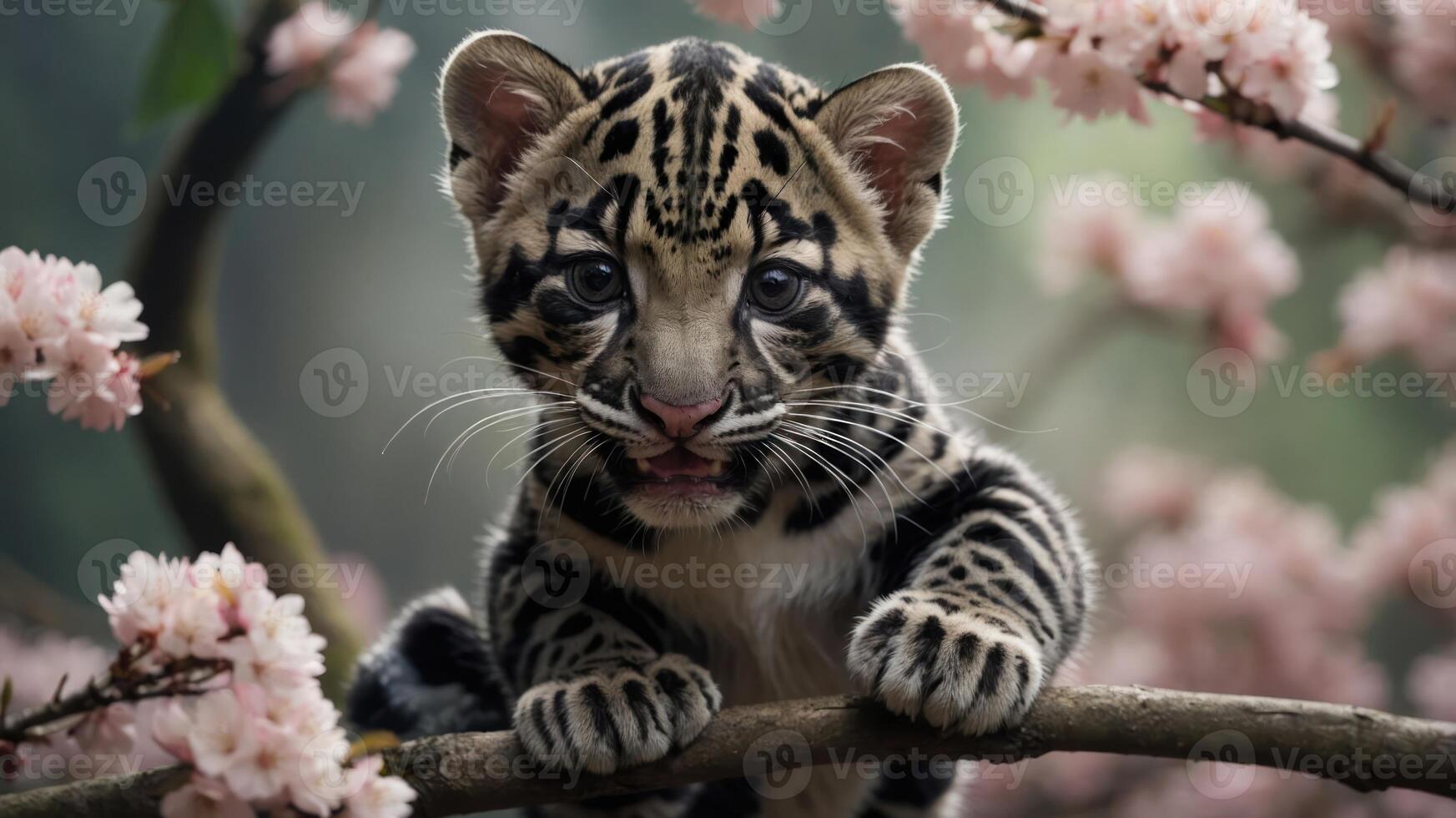 A playful clouded leopard cub perched on a branch amidst blooming cherry blossoms. photo