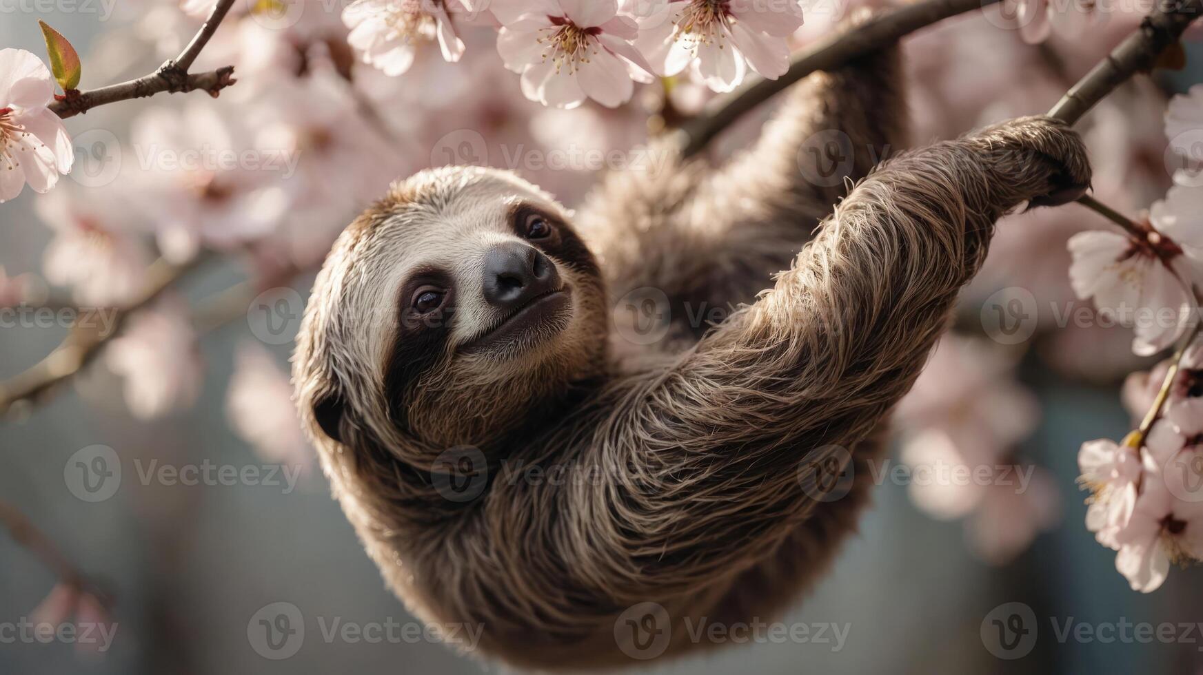 A sloth hanging among pink cherry blossoms, showcasing nature's beauty and tranquility. photo