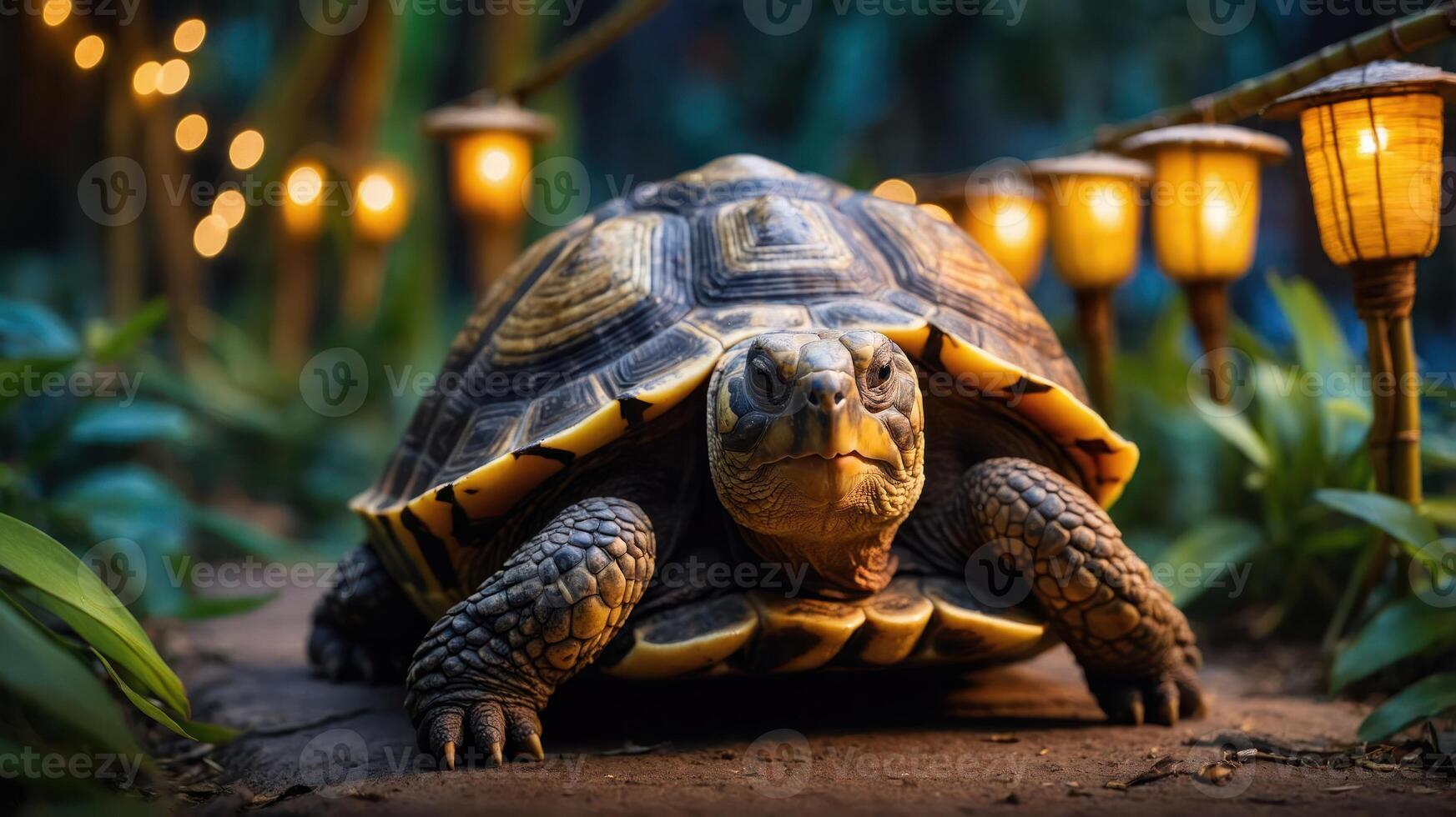 A close-up of a turtle in a serene garden setting with glowing lanterns. photo