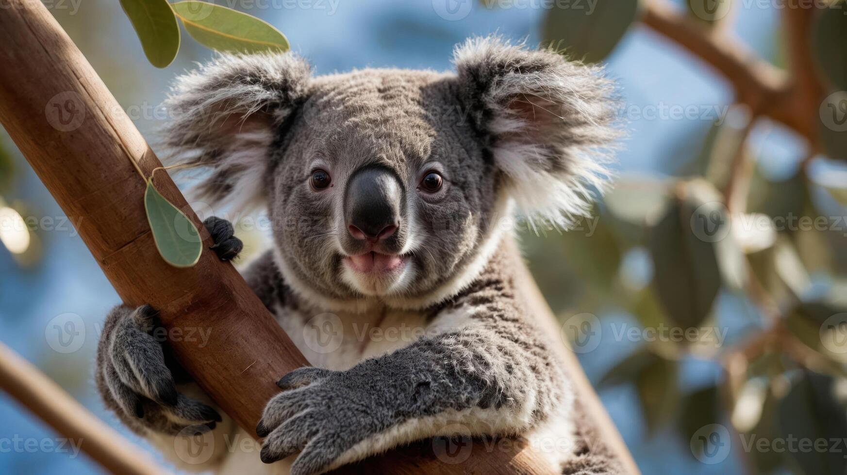 A koala resting on a tree branch amidst green leaves. photo