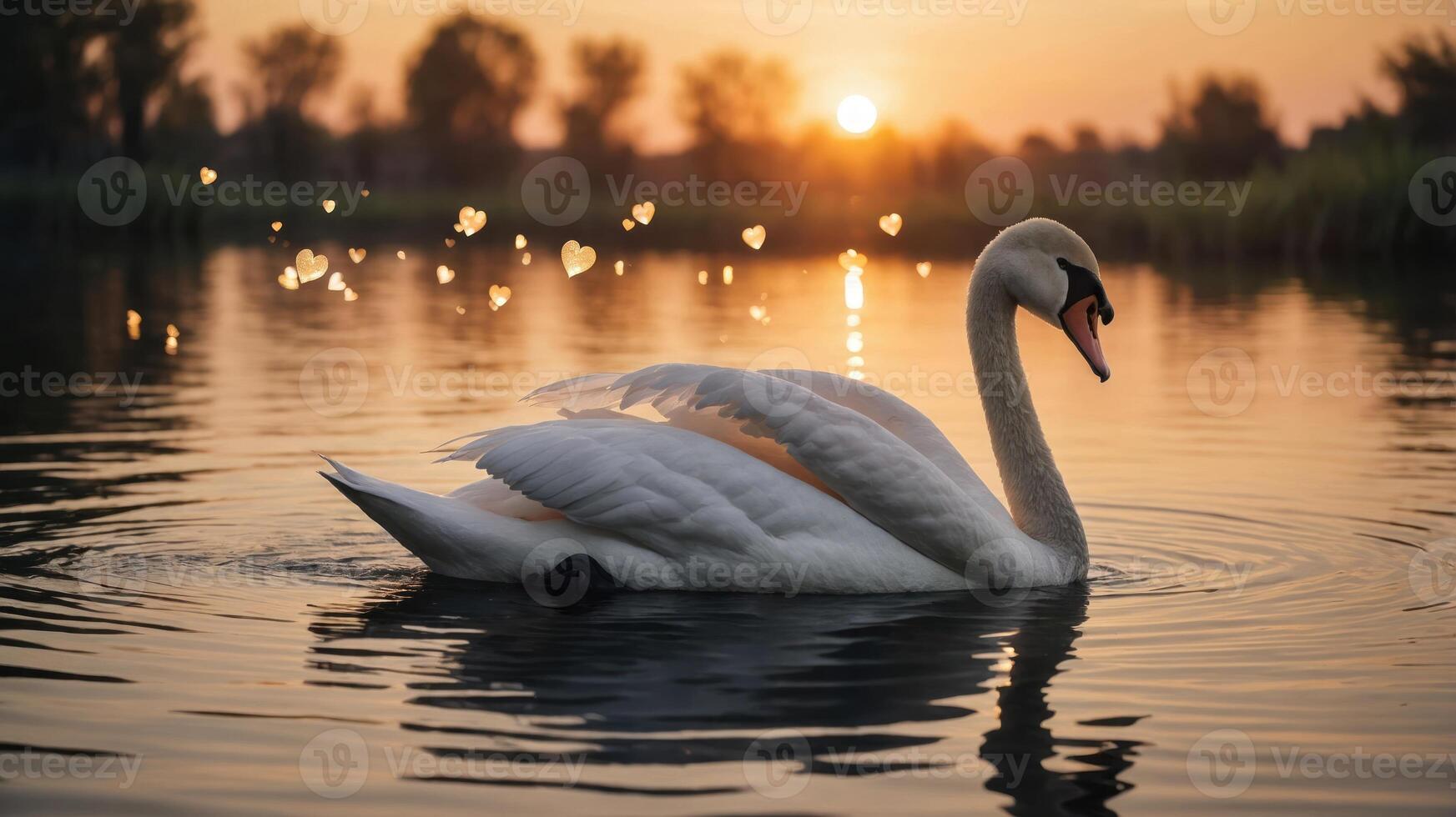 A serene swan gliding across a reflective lake at sunset, creating a tranquil atmosphere. photo