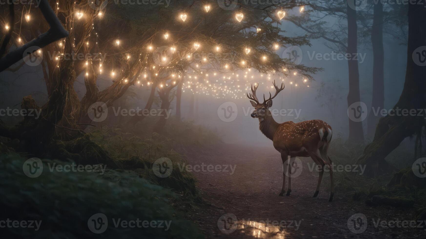 A serene forest scene featuring a deer under string lights in a misty atmosphere. photo