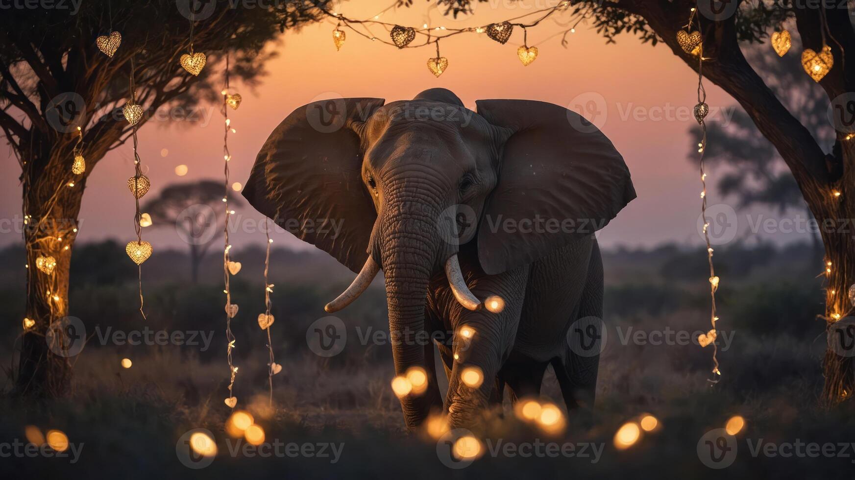 An elephant stands beneath trees adorned with heart-shaped lights at sunset. photo