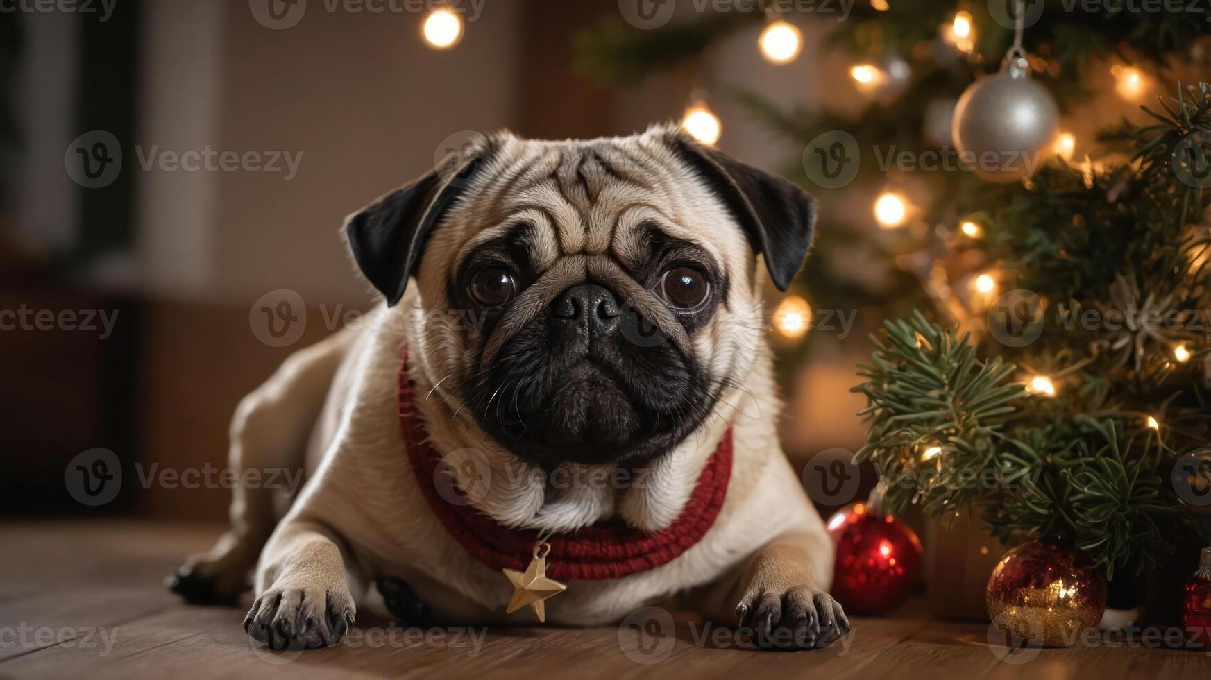 A pug resting by a decorated Christmas tree, surrounded by festive lights and ornaments. photo