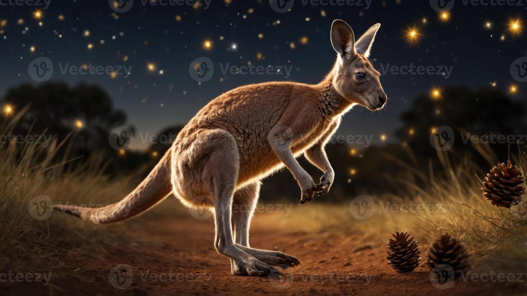 A kangaroo stands on a path under a starry sky, surrounded by pine cones. photo
