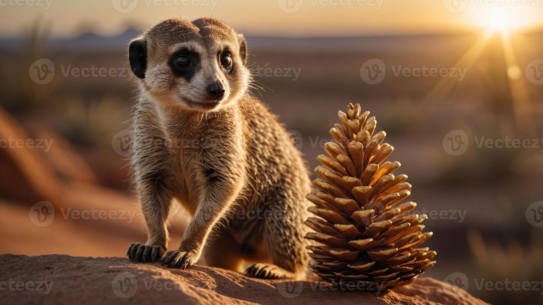 A meerkat stands beside a pinecone at sunset in a desert landscape. photo