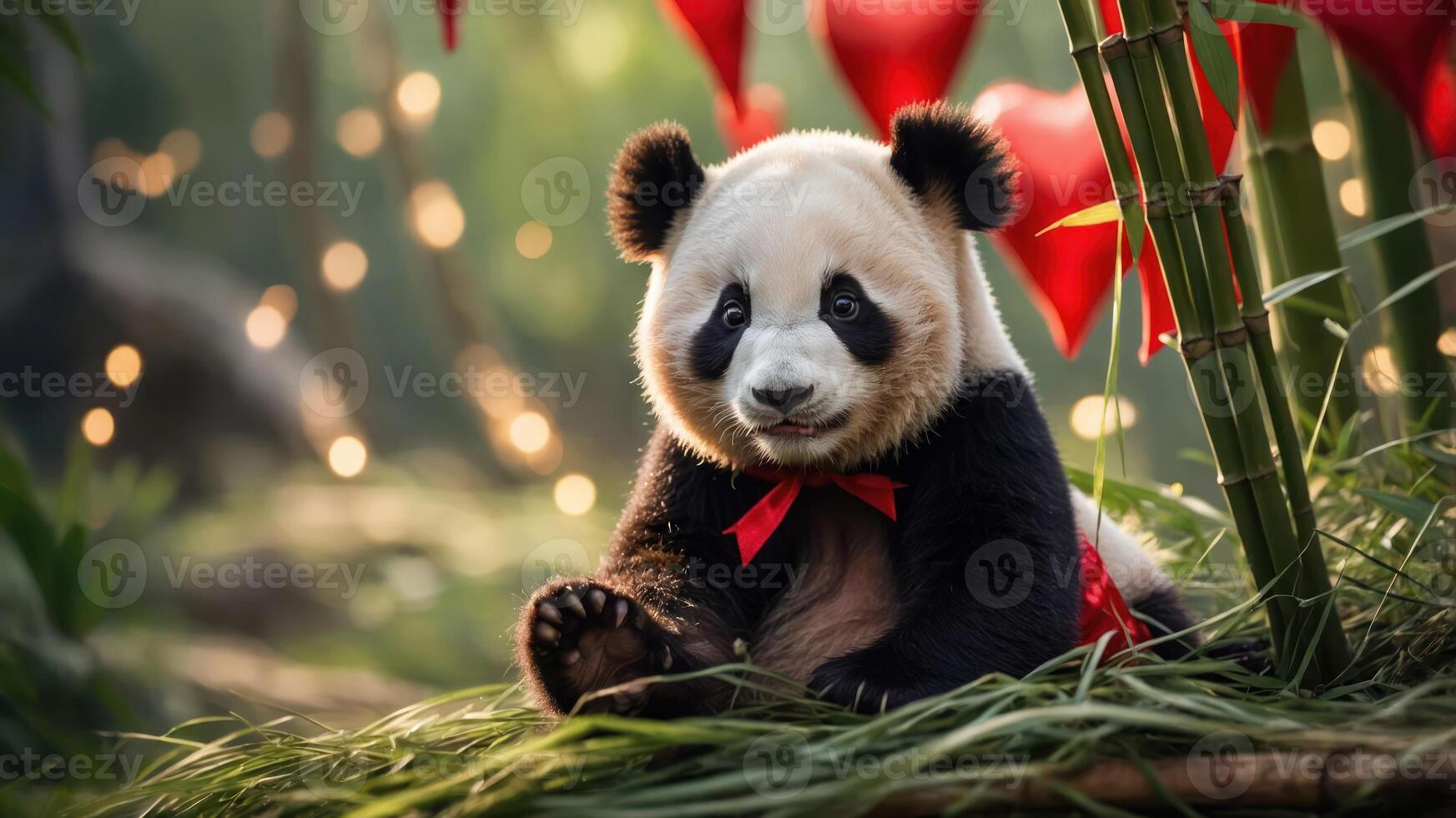 A cute panda sits among bamboo and hearts, embodying a playful, romantic atmosphere. photo