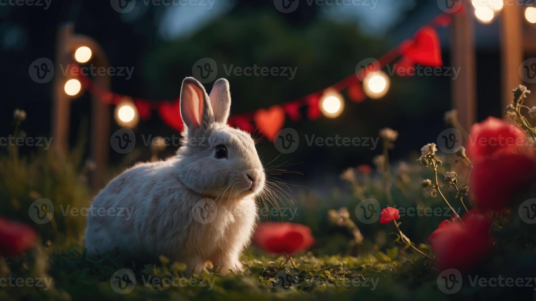A serene rabbit in a garden adorned with lights and hearts, creating a whimsical atmosphere. photo