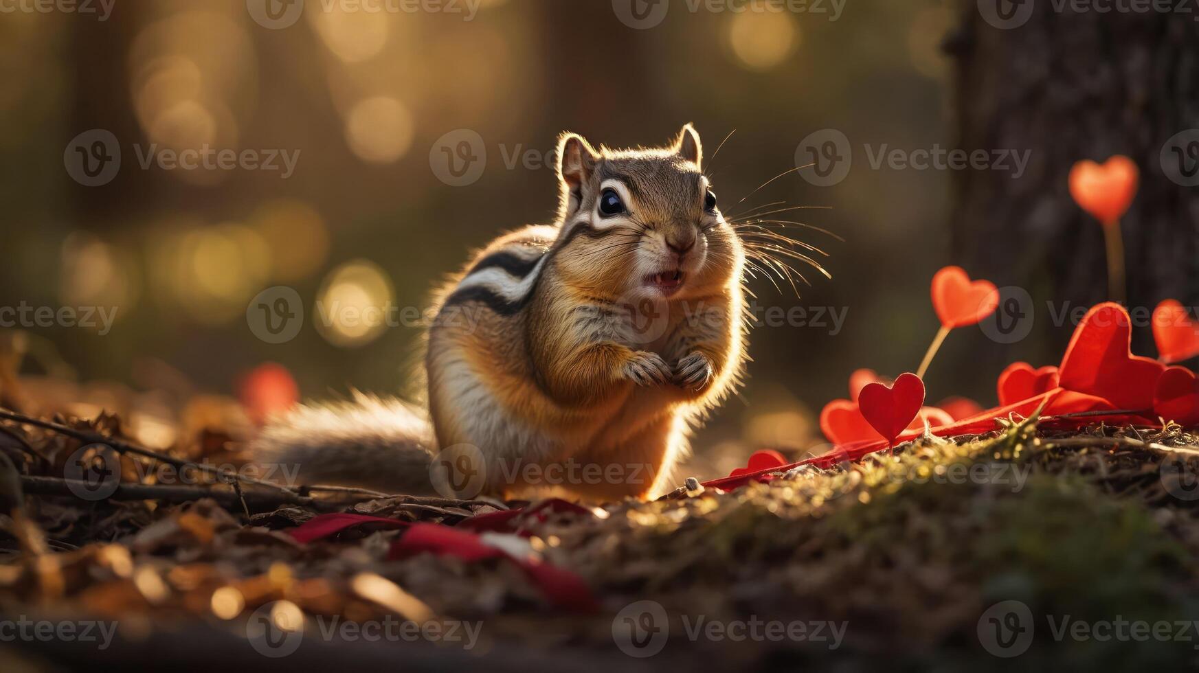 A chipmunk surrounded by heart-shaped decorations in a sunlit forest setting. photo