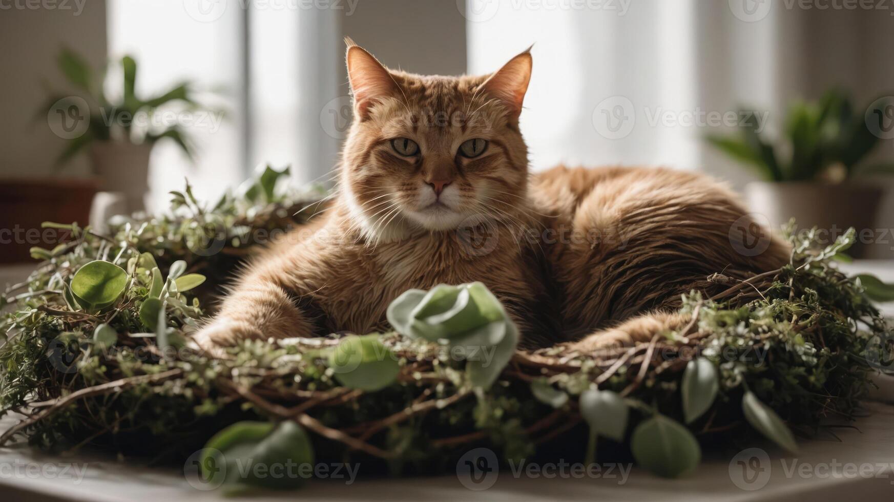 A fluffy orange cat resting on a decorative wreath surrounded by greenery and soft natural light. photo