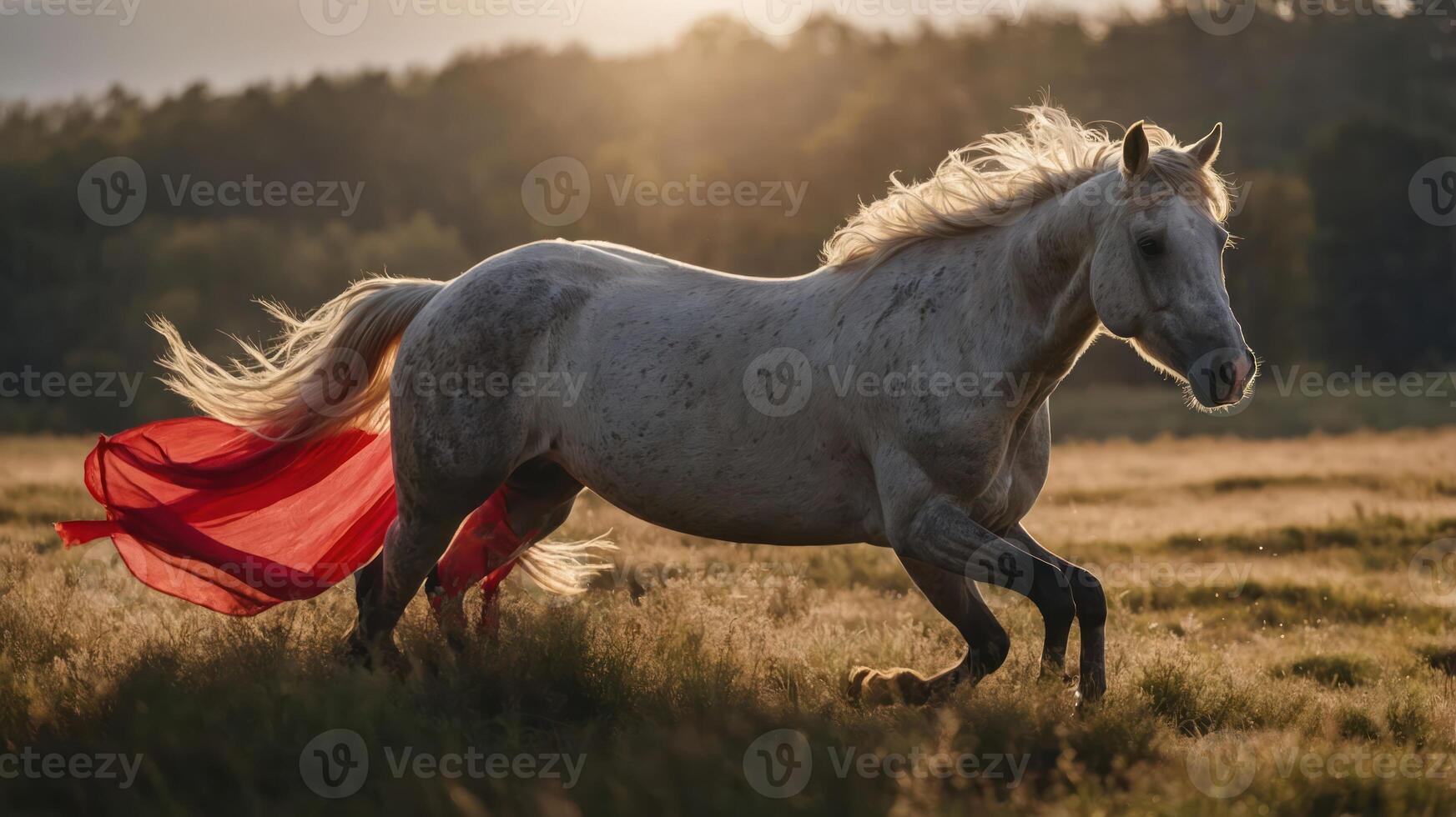 A majestic white horse gallops through a field, adorned with a flowing red fabric at sunset. photo