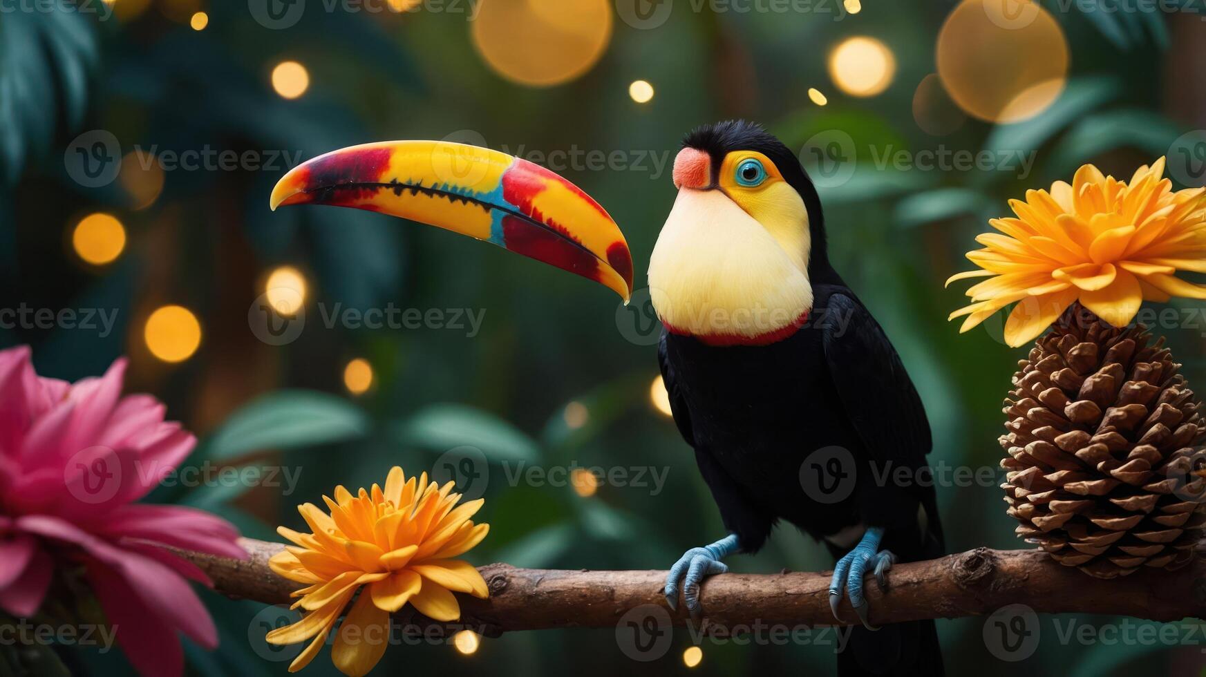 A vibrant toucan perched on a branch amidst colorful flowers and soft lighting. photo