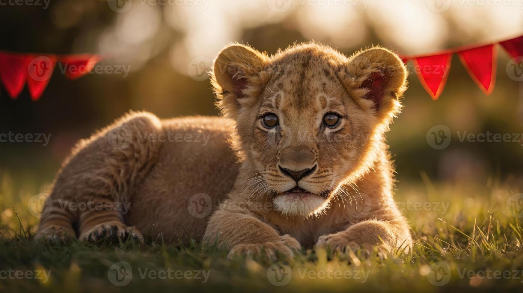 A young lion cub resting on grass, adorned with festive red flags in the background. photo