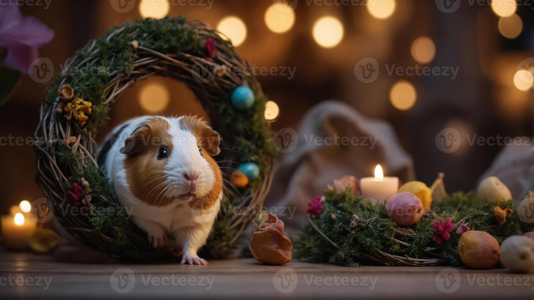 A guinea pig poses beside a festive wreath and candles, creating a cozy atmosphere. photo