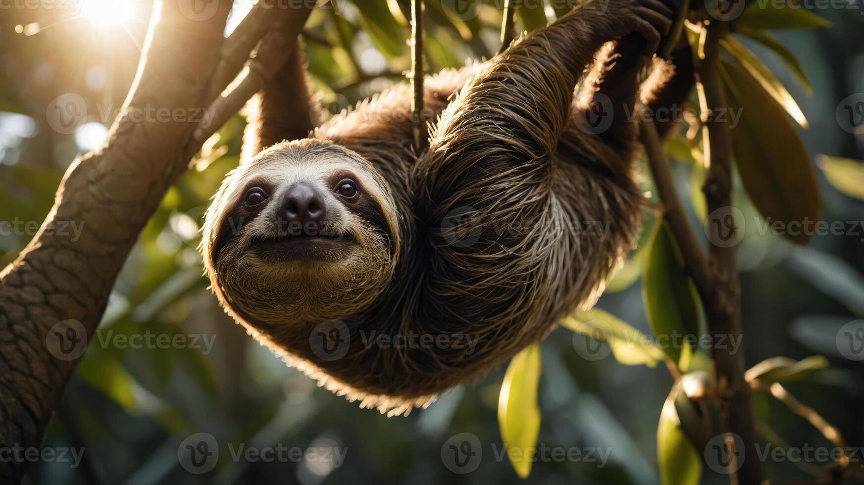 A sloth hanging from a tree, basking in sunlight amidst lush green foliage. photo