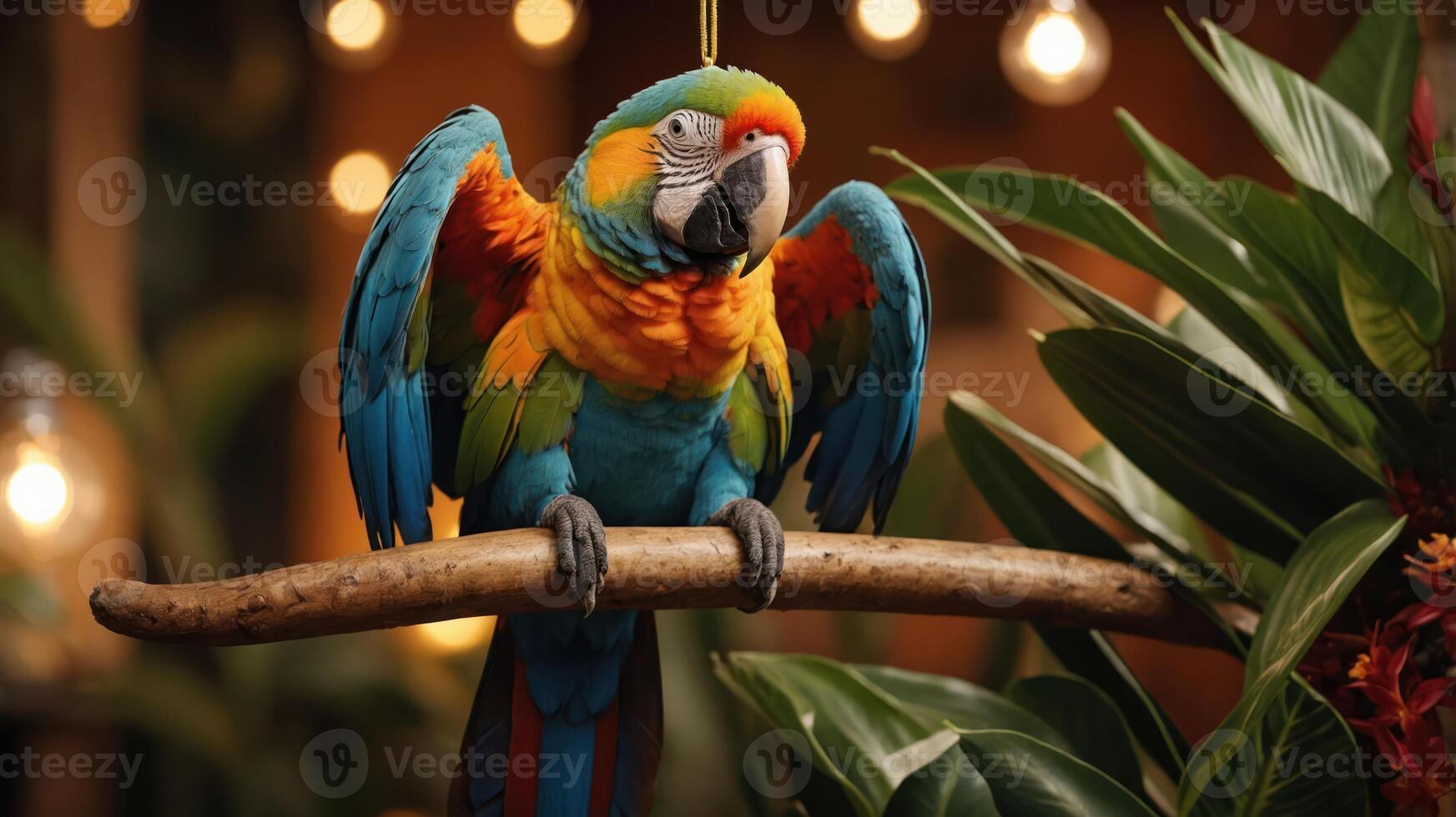 A colorful parrot perched on a branch amidst greenery and warm lights. photo